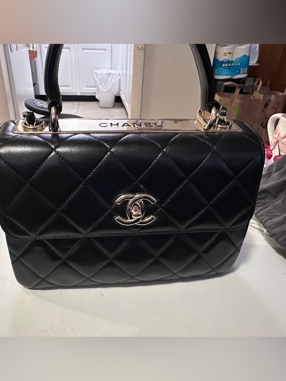 CHANEL Black Quilted Leather Top Handle Bag with Gold CC Hardware